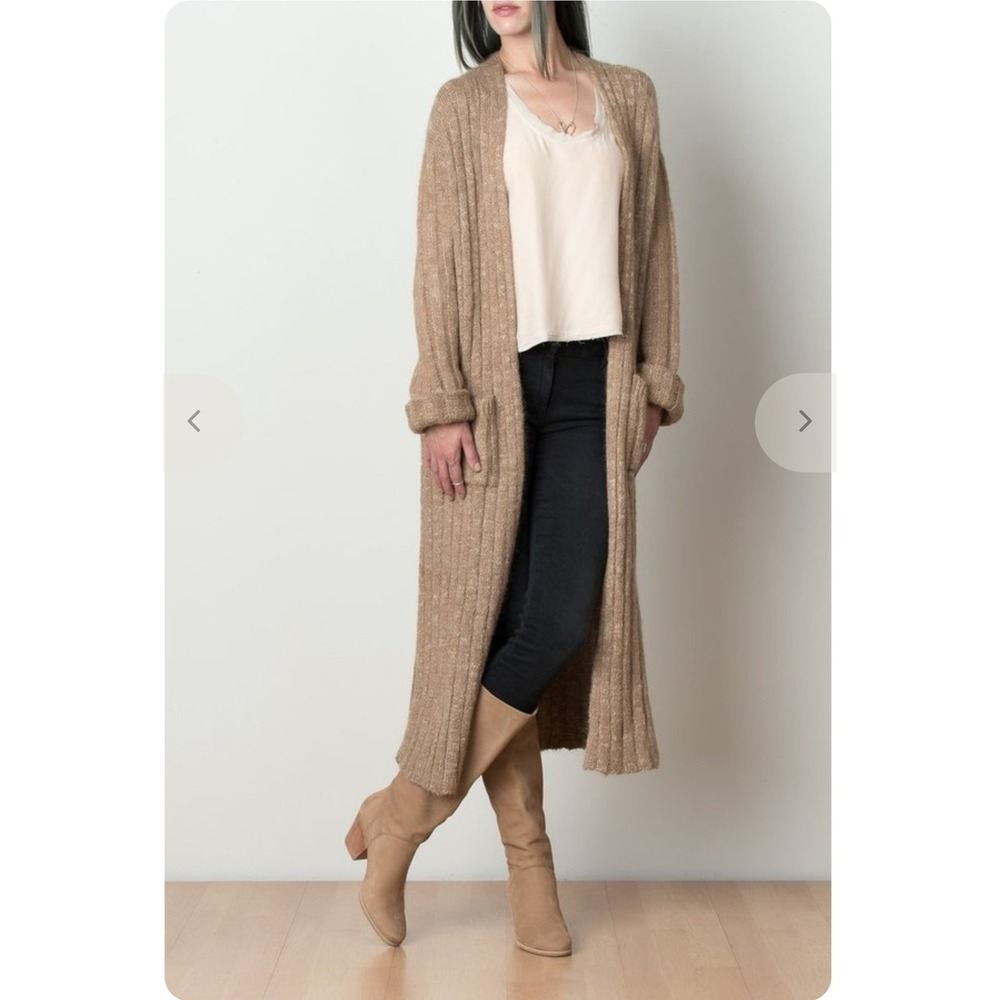 Eleven Six Eva Brown Suri Alpaca Wool Ribbed Long Duster Cardigan OS Peru Long